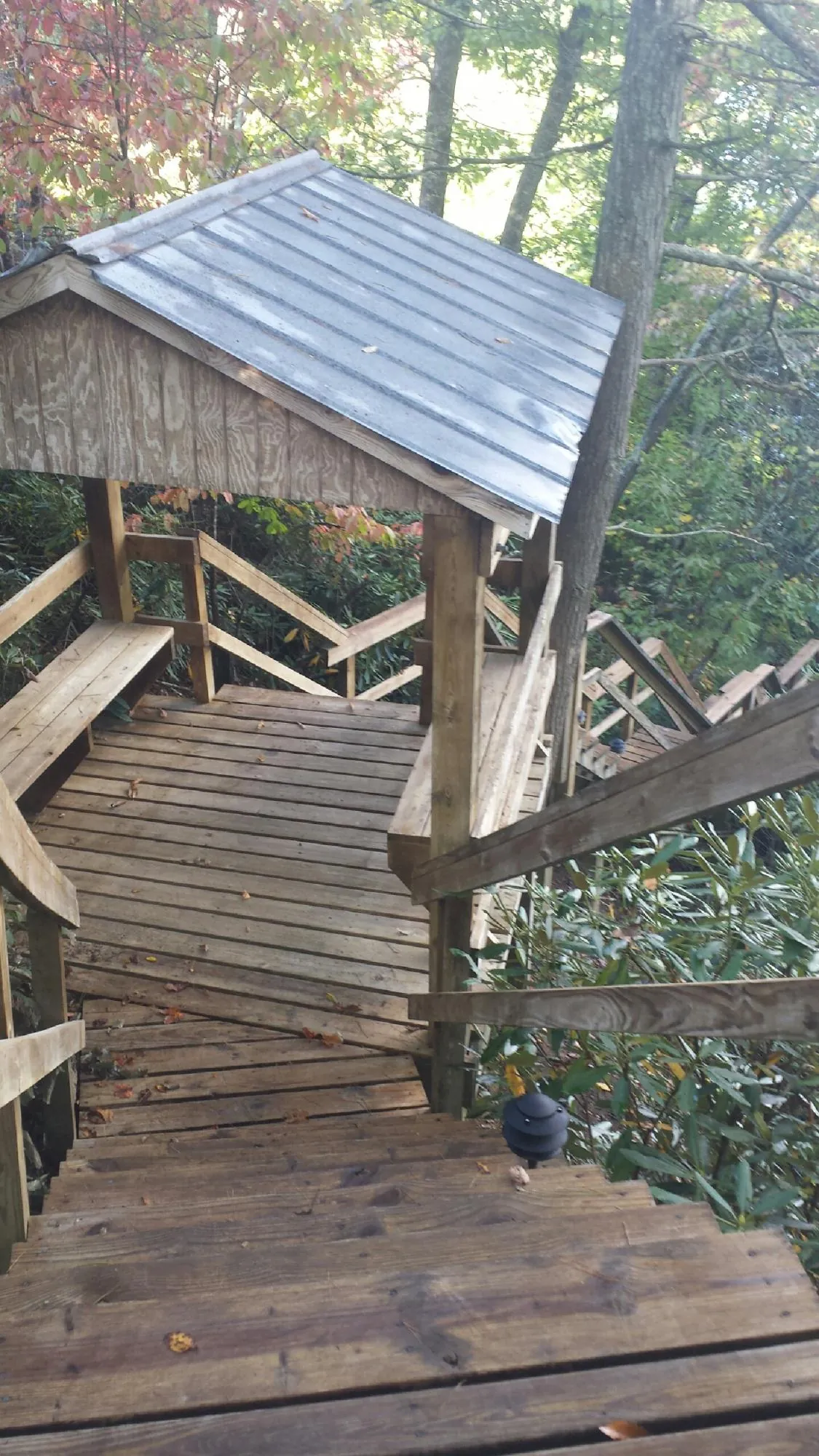 Metal roofed shelter over wooden steps on a wooded walkway — Skylight Repair & Installation work by our crew in Krum